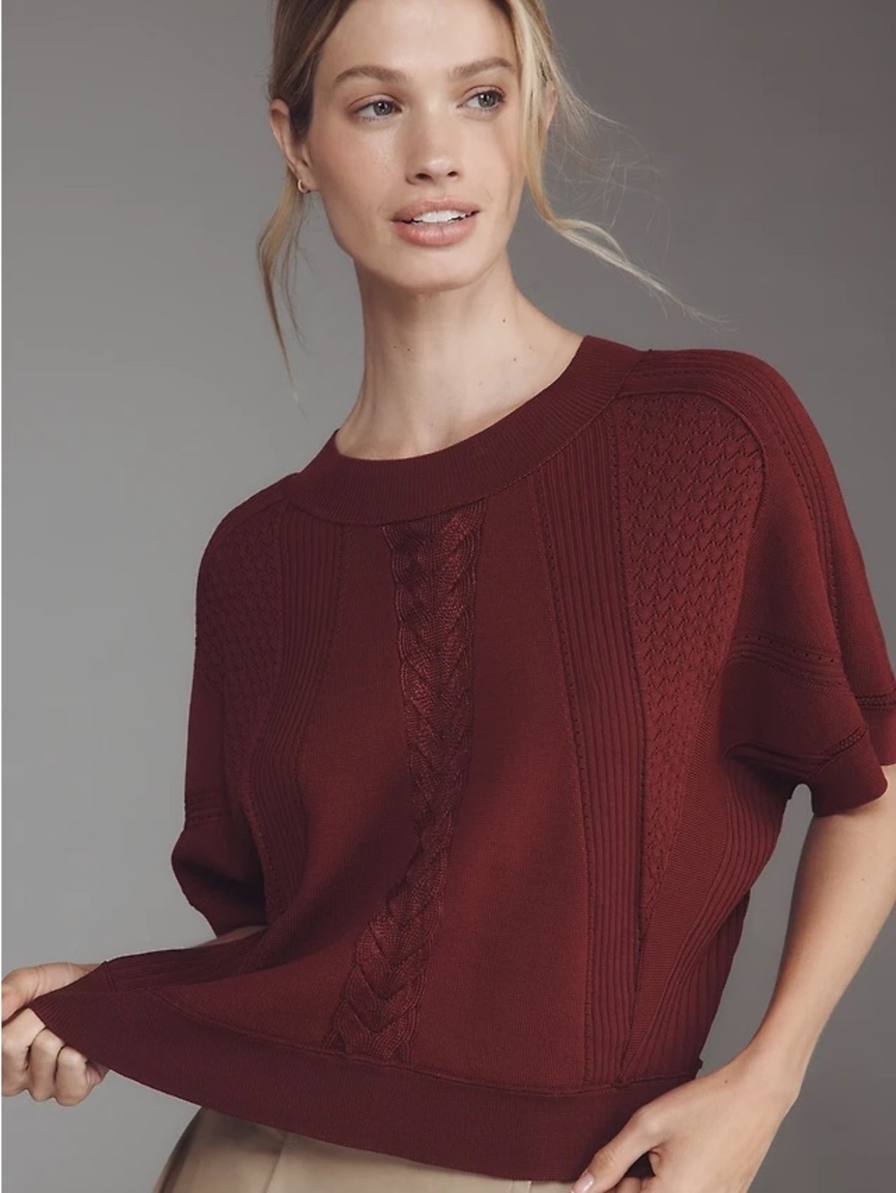 NWT Size XS - Anthropologie Cabled Batwing Crop Sweater Color Wine (NWT US$ 148)